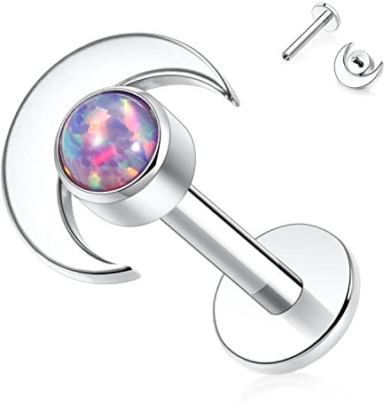 16G Labret Schmuck Titan Labret Ohrstecker Mondform Lila Opal Flatback Knorpel Ohrstecker Kristall Labret mit Ohrläppchen Ohrring Lippenpiercing 16G Medusa Monroe Helix Tragus Ohrstecker 6 mm