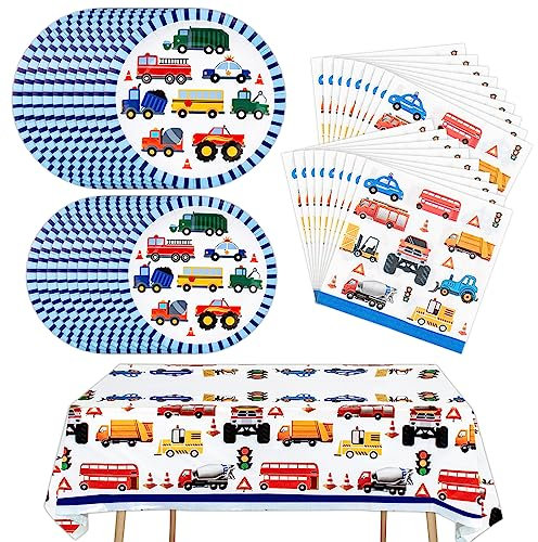 VENTASOL Traffic Cars Trucks Transportation Party Supplies Cars Paper Plates, Napkins, Tablecloth Transport Vehicle Theme Tableware Set Birthday Party Decorations for Boys Kids | Serves 20