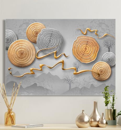 MyMaxxi - Premium Leinwandbild auf Keilrahmen Baumringe Silber-Gold Wandbild Design Wand Dekoration, Gemälde Gold Silber Leinwand - Scheiben, Groesse_leinwand:70x100 cm