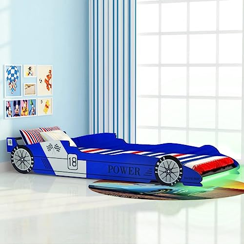 KOIECETA Kinderbett mit LED Rennwagen-Design 90x200cm Autobett Jugendbett (Blau)