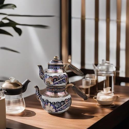 Tubibu Copper Turkish TeaPot Tea Kettle Pots Set with Wooden Handle for Stove Top Stovetop Decorative Infuser Vintage Antique Floral Housewarming, Home Decor,