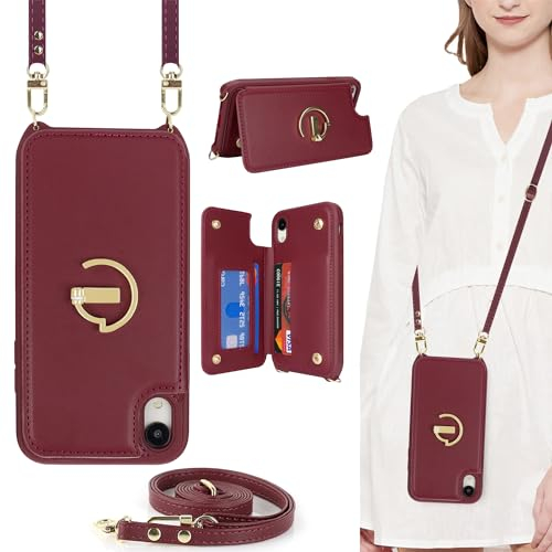 ELTEKER for iPhone XR Phone Case with Card Holder and Strap,PU Leather Wallet Case Flip Cover with Crossbody Lanyard Strap for iPhone XR (6.1 Inch)-Wine Red