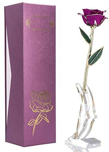 Cyrank 24k Gold Dipped Rose, Valentines Day Gold Rose for Her with Stand Hand Dipped 24K Golden Rose Flower for Anniversary, Birthday, Mothers Day Purple