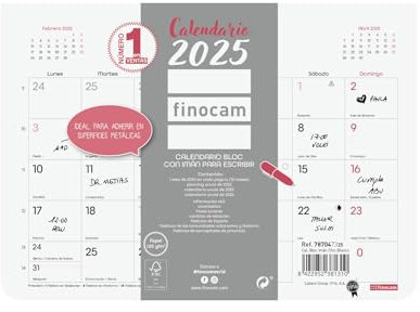 Finocam - Calendario Bloc Chic con Imán para Escribir 2025 Mes Vista Enero 2025 - Diciembre 2025 (12 meses) Chic Blanco Español