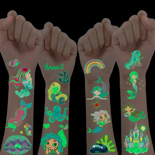Meerjungfrau Tattoo Kinder, 10 Blätter Leuchtende Kindertattoos Meerjungfrau Spielzeug Mädchen, Geburtstagsdeko Meerjungfrau Geschenke Mädchen Zuckertüte Schultüte Füllung Kindergeburtstag Mitgebsel