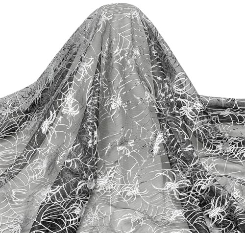 FINGERINSPIRE Halloween Spinnennetz Stoff 2 M X 1.5 M Breit Glitzernde Silberne Spinnennetze Schwarzes Netz Halloween Stoff Halloween Spinnennetz Spitze Meterweise Für Halloween Party Dekoration