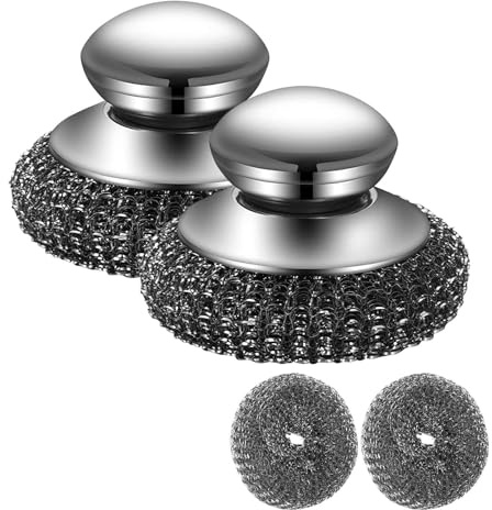 Stainless Steel Scrubber with Handle, Dish Scrubber Brush Steel Wool Scrubber, Heavy Duty Dish Brush with Replacement Pads, Kitchen Small Gadget for Pots, Pans, Grills, Sink Cleaning (2 pcs)