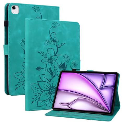 Rosbtib Coque pour iPad Air 13 (M3/M2 2025/2024) 13/ iPad Pro 12.9 (2022/2021/2020), Multi-Angles de Visualisation Housse de Protection en Similicuir avec Porte-Carte Couverture Motif Lys, Vert