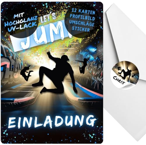 celebr8te 12x Einladungskarten im blauen Jump Trampolin Design - Für den Kindergeburtstag von Jungen im Jumphouse Trampolinpark +12 Umschläge +12Sticker