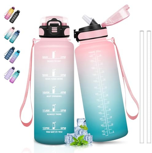 Gourde 1.5L, Gourde Sport avec Paille, Gourde Motivation anti Fuite, avec Marqueur de Temps, Gourdes de Camping et Randonnée, Facile à Nettoyer, Gourde Adulte pour Yoga, Running, Camping, Rose-Cyan