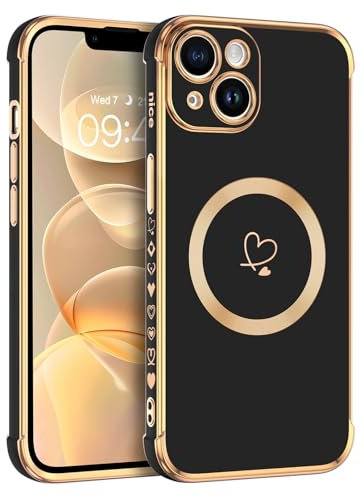 Telaso Magnetische Hülle für iPhone 14 Plus, Handyhülle für iPhone 14 Plus Niedliches Herz Muster [ Kompatibel mit MagSafe ] Weiche Plattierung Abdeckung für Frauen, Schutz der Kamera, Schwarz