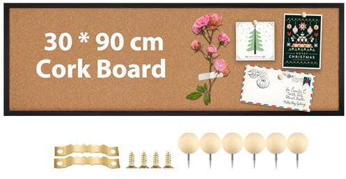 Okydoky Pinnwand Kork mit Schwarz Holzrahmen- 90 x 30 cm,Korkwand für Heimdekoration,Office,Kork-Pinnwand