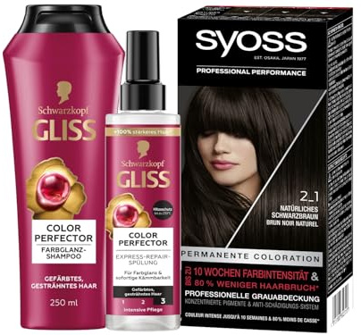 SYOSS Color Coloration 2_1 Schwarzbraun Stufe 3 (1x 115 ml) bis zu 10 Wochen Farbintensität & Gliss Shampoo Colour Perfector (250 ml) & Express-Repair-Spülung (200 ml)