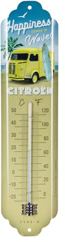 Nostalgic-Art Thermomètre rétro, 7 x 28 cm, Citroen Type H – Happiness Comes In Waves – Idée cadeau pour fans de Citroen, Official License Product (OLP), en métal, design vintage