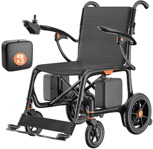 28lbs Ultralight 28 Miles Long Range 100% Carbon Fiber Travel Electric Wheelchairs for Adults, FreeWink Foldable Portable Electric Wheelchairs with 2 Lithium Batteries for All Terrain Airline Approved