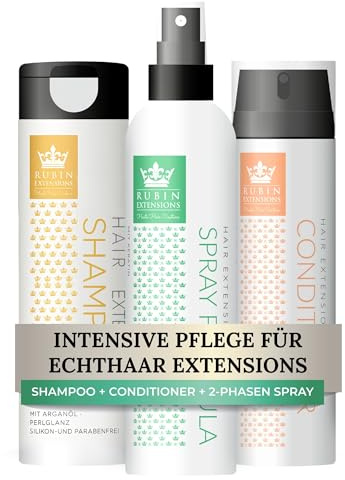 RUBIN EXTENSIONS Pflege Trio Set | Für ultimativen Glanz & Schutz | Shampoo, Spülung & Keratin Spray für alle Echthaar Extensions & Echthaar Zopf | Extensions Pflege