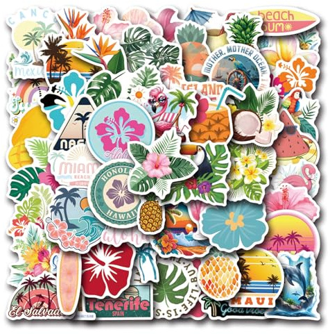 BelleVive 55 Pieces Tropical Stickers, Island Beach Stickers, Vinyl Stickers, Laptop Water Bottle Stickers, Gift and Party Stickers for Planners, Skateboards, Stickers for Children