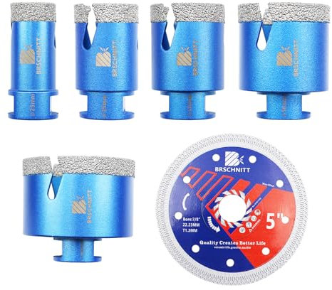 BRSCHNITT Dimoand Kit de scies cloches diamantées 25/35/40/50/68 mm – Carotteuse pour carrelage en porcelaine, céramique, marbre, granit Disque de coupe 125 mm