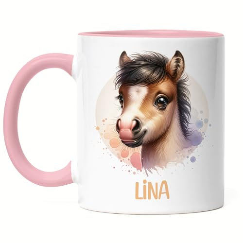 Kiddle-Design Kindertasse mit Namen Personalisiert, Personalisierte Tasse Kinder mit Pferd, Namenstasse Pferdetasse, Kinderbecher als Geschenk zur Taufe, Geburt Weihnachten - Tasse Rosa