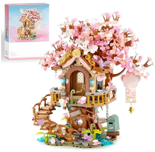 JVAVNE Japanische Sakura Architektur Bausteine, 1149 Teile Mini Sakura Baumhaus Klemmbausteine Set, Kirschblütenbaum Haus Modell Spielzeug, Kreative Geschenke für Erwachsene und Jugendliche