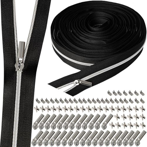 VOKABY 3# 9 M Endlosreißverschluss mit Zipper,Einschließlich 30 Stück Reißverschlussschieber aus Metall,60 Stück Reißverschluss Oberstoppschnallen Unterstoppschnallen (Schwarz-Silber)