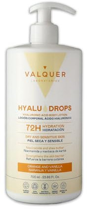 Valquer Hyaludrops Crema Hidratante Corporal Naranja y Vainilla. Loción para Piel Seca y Sensible, Hasta 72 Horas de Hidratación Nutritiva con Ácido Hialurónico, Niaciamida y Manteca de Karité. 700 ml