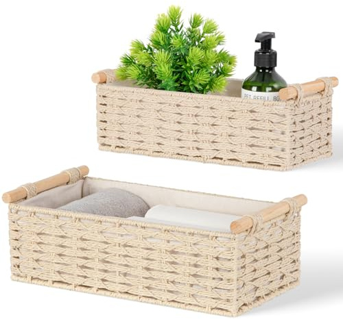 Aevcvok Aufbewahrungskörbe Geflochten,2 Stück Badezimmer Körbchen Handgewebt Dekor Handgemachte Gewebte,Papierseil Boho-Decor Körbchen Aufbewahrungsbox für Schlafzimmer Kinderzimmer Wohnzimmer(Beige)