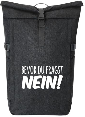 Huuraa Kurierrucksack Bevor du fragst Nein Schriftzug 30-44 Liter Black Melange Fairtrade Rolltop Rucksack Geschenkidee