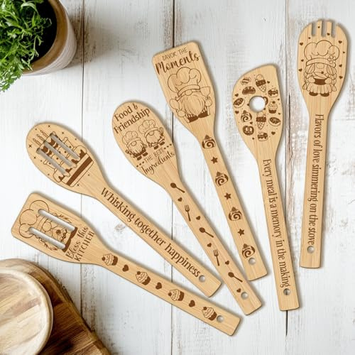 CUTHOLLOW 6PCS Baking Gnome Wooden Kitchen Cooking Utensil Set, Non Toxic Bamboo Wood Spoon Set for Cooking, Best Housewarming Birthday Thanksgiving for Women Mother