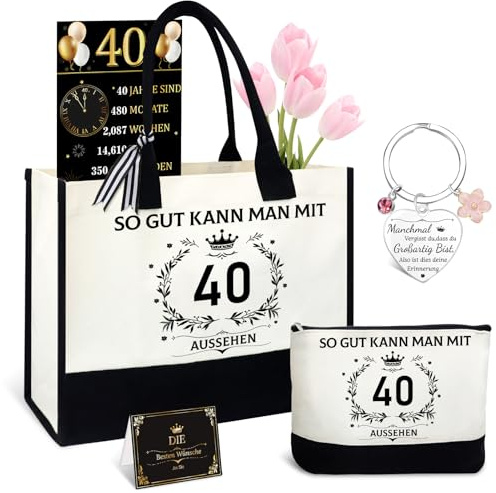 Shining She 40 Geburtstag Frauen, 5tlg. Vintage 1986 Geschenkideen Set | Geschenk zum 40 Geburtstag Frau mit Canvas Tragetasche Kosmetiktasche Schlüsselanhänger für Mama Kollegen Freundin Lehrer