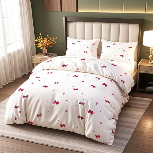 ViblyCoz Red Pink Bow Heart Double Bed Duvet Cover Set White 3 Piece Bedding with 1 Duvet Cover 200x200cm and 2 Pillowcases