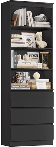 FirFurd 202 cm Bücherregal Bücherschrank mit 3 Schubladen 4 Fächern schwarz | Hochschrank mit verstellbaren Ablagen, Wohnzimmerschrank, Vitrinenschrank für Wohnzimmer Büro Küche, 60 x 35 x 202 cm
