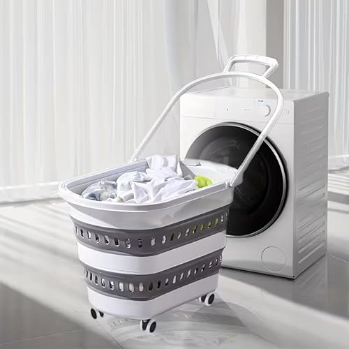 Wäschekorb, einziehbar und faltbar, mit Rollen, 45 l, Weiß / Grau