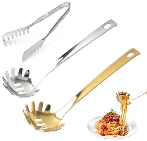 3-Teiliges Set Spaghettizange,Nudelzange Gezahnte Gabel Spaghettizange Edelstahl Silber Nudellöffel,Gold Spaghettilöffel,Perfekt für Pasta Und Salate Und Grillgerichte