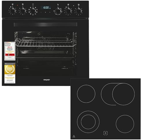 Exquisit Einbauherd-Set mit Glaskeramikkochfeld, Umluft & Grill | 75 l Garraum, 9 Beheizungsarten, 4 Kochzonen inkl. Bräterzone, Energieklasse A, 9.800 W, schwarz