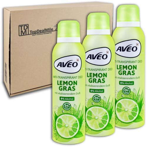 TopDealMile-Vorratspack für AVEO Anti-Transpirant Deospray Lemon Gras 24h Deodorant Deo 3 x 200 ml