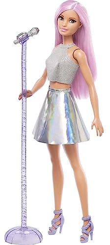 Barbie You Can Be Anything Series, Pop Star, rosa Haaren, silbernem Top und Rock, Mikrofon mit Ständer, inkl Puppe, Geschenk für Kinder, Spielzeug ab 3 Jahre,FXN98
