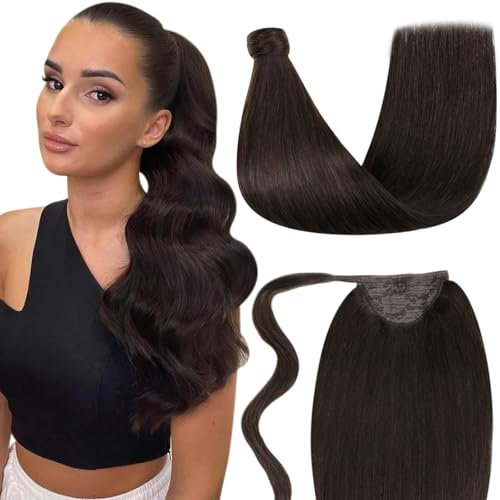 LaaVoo Zopf Extensions Echthaar Braun Echthaar Pferdeschwanz Extension Dunkelbraun Invisible Zopf Extensions Haarverlängerung Short Double Tressen 70g #2 30cm