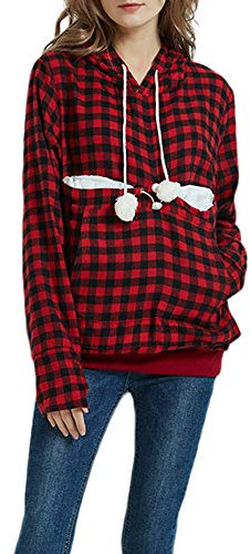 Donna Felpe con Cappuccio con Tasca Porta Gatti Cani, DOTBUY Pullover Quadri Manica Lunga Coulisse Hooded Casual Autunno e Inverno Sweatshirt (S,Rosso)