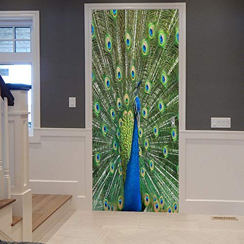 A.Monamour Türtapete Selbstklebend Türfolie Türposter 3D Tier Thema Pfau Vogel Verbreitung Schwänze Feder Vinyl Folie Türdeko Tapete Wandbild Türaufkleber Türtattoo 77 x 200 cm