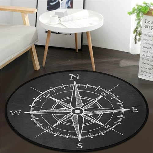 keepcute Runder Teppich im Vintage-Stil, Windrose, Kompass, schwarz, für Schlafzimmer, Wohnzimmer, Arbeitszimmer, Spielen, rutschfeste, runde Bodenmatte, Teppich, 91 cm Durchmesser