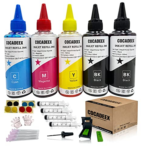 COCADEEX Tintennachfüll-Set, kompatibel mit HP Tintenpatronen 307XL 305XL 650xl 351XL 350XL 300XL 901XL 62XL 21XL 22XL Serie 5 Flaschen Tinte mit Nachfüllwerkzeug (2BK 1C 1M 1Y)