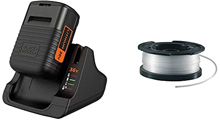 BLACK+DECKER Kit Batterie Lithium 36V 2Ah et Chargeur 1h30, Compatible avec Tous Les Outils 36V & Bobine de Rechange pour Coupe-Bordures, Bobine Reflex, 10 m de Fil en Nylon Reflex, Fil de ⌀1,5 mm