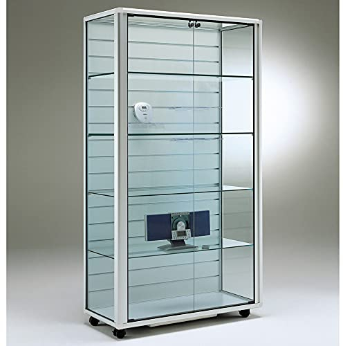 MHN Glasvitrine mit Rollen T 45,5 x B 99 x H 184,5 cm - breite Ausstellungsvitrine mit Lamellenwand - große abschließbare Geschäftsvitrine mit Lamellen - mit-Beleuchtung