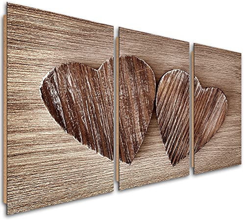 Feeby 3-teilig Wanddeko 120x60 cm Herz Liebe Holz Druckbild Leinwandbild Wandbild Kunst Bilder Schlafzimmer Deko Wohnzimmer Rustikal Retro Vintage Braun