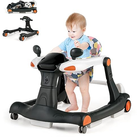 DREAMADE 2 in 1 Lauflernhilfe mit Musik & Licht, Baby Walker Höhenverstellbar & Klappbar, Lauflernwagen Baby ab 6 Monaten (Schwarz)