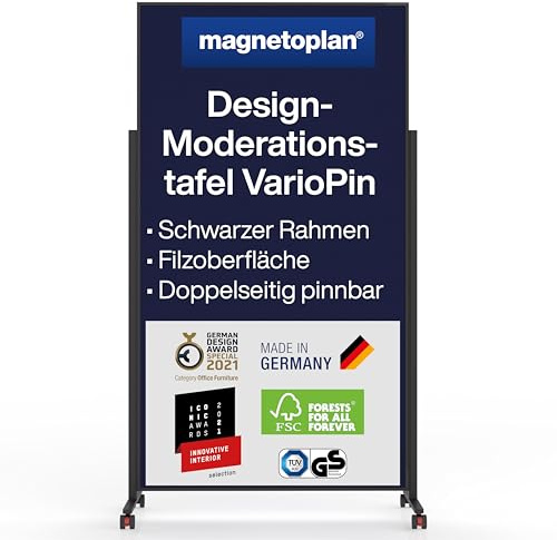 magnetoplan Design-Moderationstafel VarioPin, Filz Dunkelblau | BxH 1000x1800mm | Pinnwand Rahmen schwarz | Mobile Pinntafel | Doppelseitig | Hochwertige Filztafel | Made in Germany