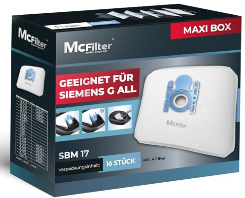 McFilter I 16 Staubsaugerbeutel geeignet für Siemens VS06G2410, VSZ3XTRM11 Staubsauger I 5-lagiger Staubbeutel mit Hygieneverschluss inkl. Filter mit hochwertiger Kunststoffdeckscheibe