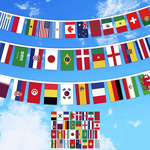 World Cup Football 2022 Bunting Flags 32 PCS Rectangular Bunting Flags Double-sided Fabric World Cup Bunting 2022 World Cup Party Decorations Indoor Outdoor World Cup 2022 Party Supplies