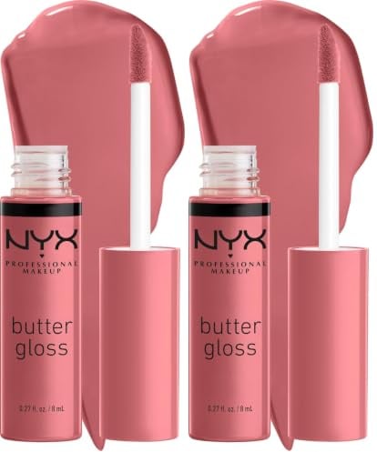 NYX Professional Makeup Lip Gloss, Butter Gloss, Non-sticky formula, Easy Application, Leaves Your Lips Feeling Silky Smooth, Glossy Finish, Shade Crème Tiramiu, 8ml (Pack of 2)